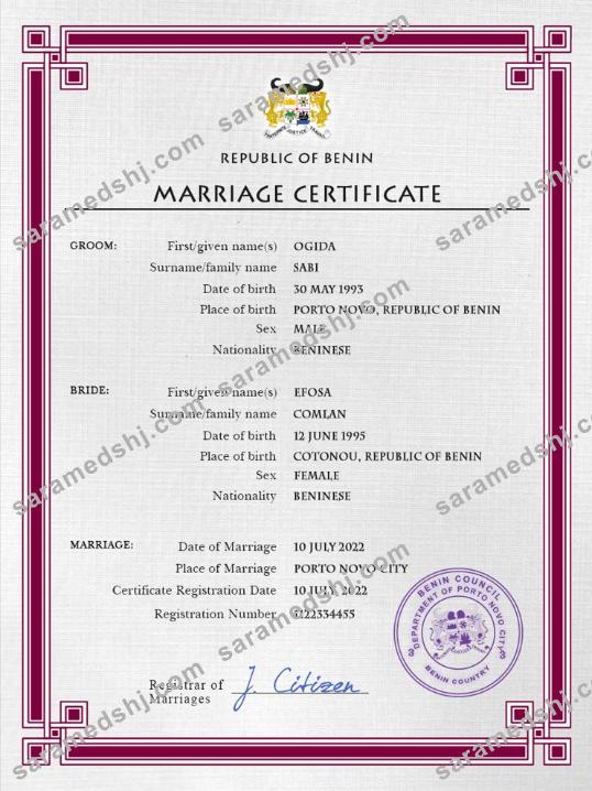 Benin marriage certificate PSD template